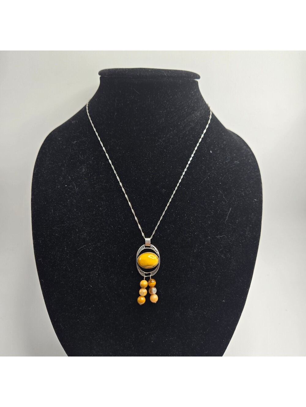 Vintage Sterling Silver Genuine Amber Pendant Necklace Honey Amber Dangle Fringe